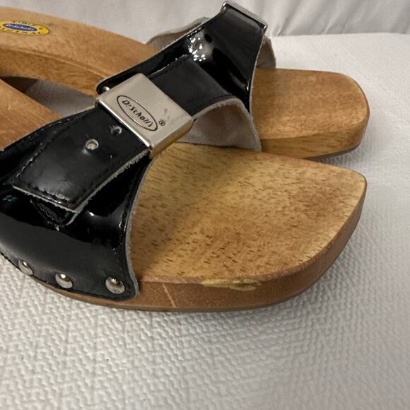 Dr Scholls Sandals Womens 8 M Black Leather Wooden Exercise Clog Slide Brazil - Picture 2 of 11